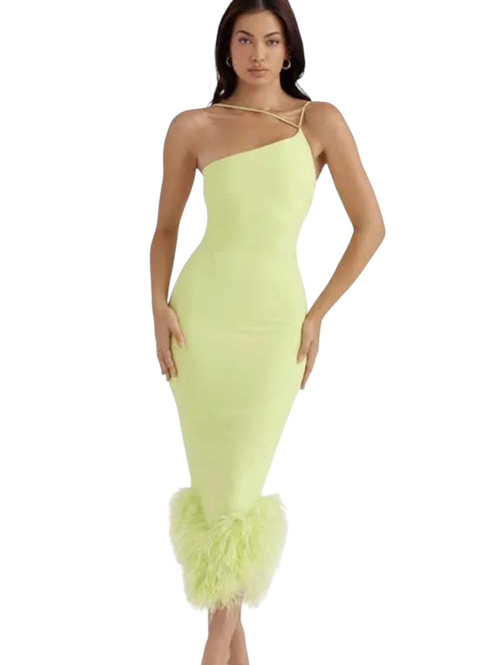 House of CB Alessia Lime Green Asymmetric Feather Trimmed Midi Dress 10 / 12